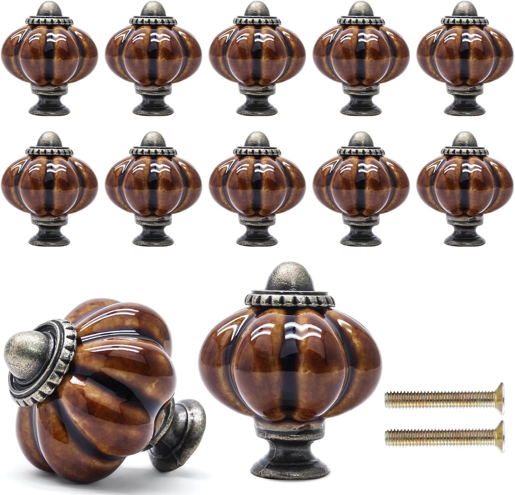 12 Pack Brown Pumpkin Knobs Ceramic Cabinet Knobs Retro Dresser Vintage Drawer Knobs Pulls for Vanity, Closet