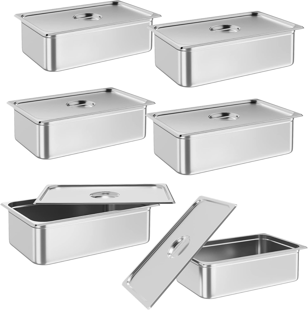 Garvee 6 Pack Full Size Hotel Pan, [NSF Certified][with Lid] Catering Food Pan Commercial Stainless Steel 6 in Deep Anti-Jamming Steam Table Pan
