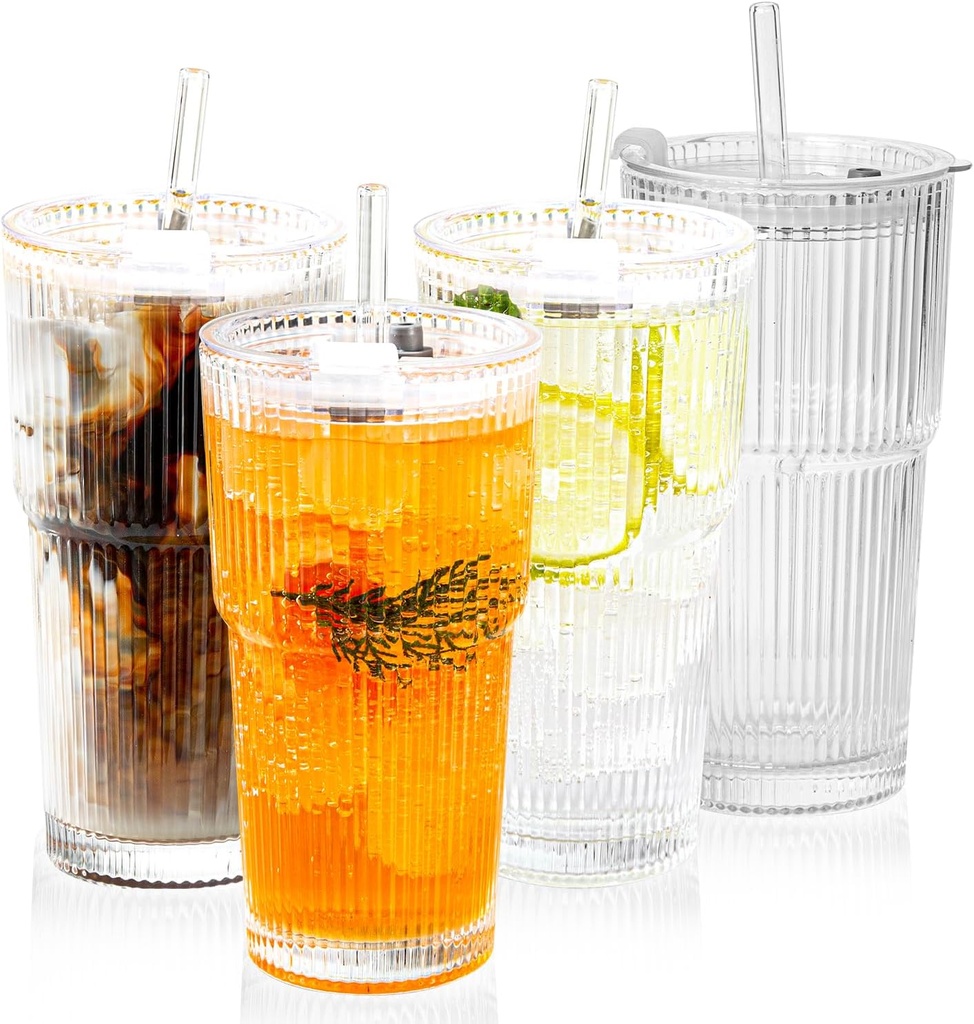 Ribbed Glass Tumbler Set of 4-20oz Coffee Tumbler with Lids and Straws - Leakproof Inverted for Iced Coffee, Smoothies & Cocktails - Glasses Drinking Set & Drinking Cups Durable Glassware