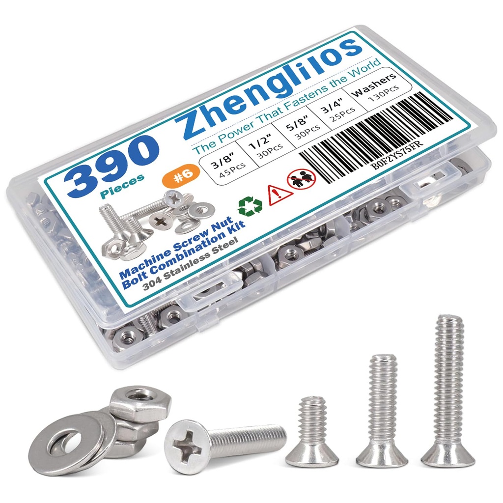 390PCS Machine Screw nut Bolt Combination kit, Phillips Flat Head Combination 304 Stainless Steel Bolt nut Flat Washer with Packaging， # 6 (3/8 inch, 1/2 inch, 5/8 inch, 3/4 inch)