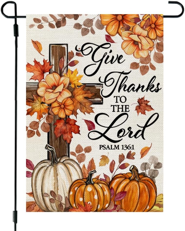 CROWNED BEAUTY Fall Garden Flag Cross Pumpkin 12x18 Inch Double Sided for Outside Burlap Religious Thanksgiving Welcome Small Seasonal Autumn Yard Decoration CF1863-12