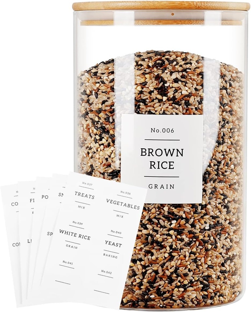 1 Gallon Large Glass Food Storage Containers With Airtight Bamboo Lid - Kitchen Glass Storage Jars Canister With 42 Pantry Labels - Thicken Big Clear Rice Containers For Your Pantry