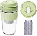 Leak-proof Glass Coffee Mug with Lock Lid, 17oz Reusable Coffee Cup with Stainless Steel Filter, Travel Tea and Fruit Infuser with Handle, BPA-free Dishwasher Safe (Forest Green)