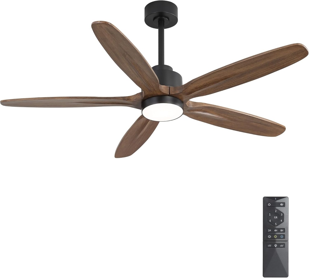 WINGBO 54" Ceiling Fan with Light - 5 Carved Solid Wood Blades, 6-Speed Reversible DC Motor, Dimmable, 3CCT, Noiseless Remote Control Ceiling Fans with Lights for Bedroom Living Room, Black and Wood