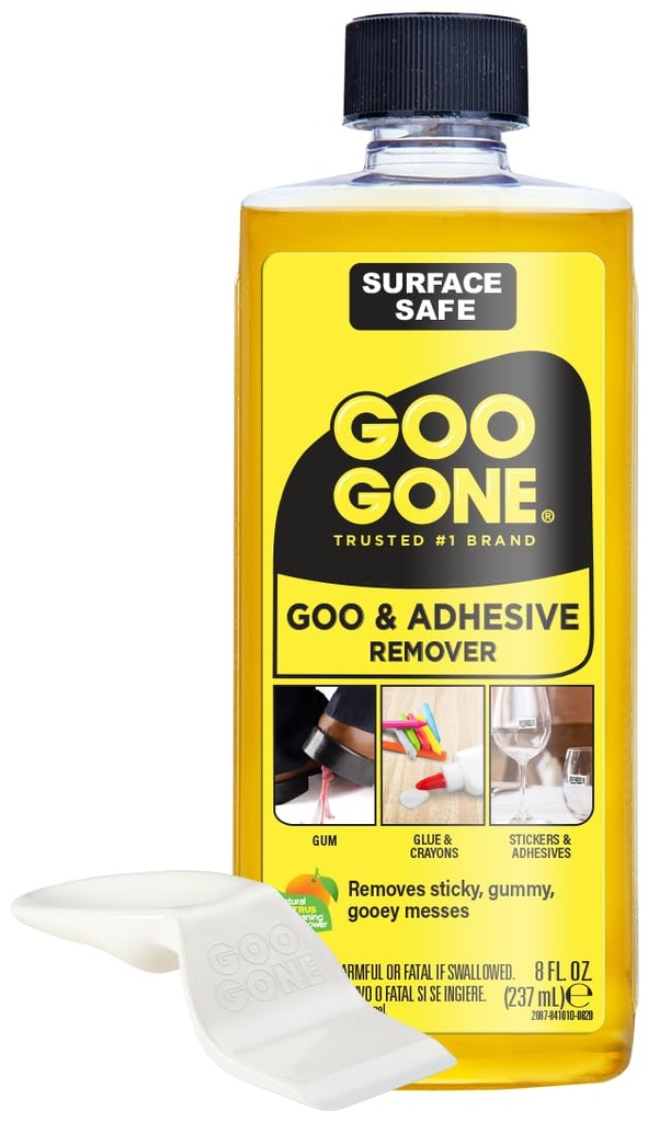 Goo Gone Original Liquid - 8 Ounce - Surface Safe Adhesive Remover Safely Removes Stickers Labels Decals Residue Tape Chewing Gum Grease Tar Crayon Glue