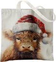 Christmas Santa hat Highland Cow Canvas Tote Bag,Christmas Reusable Canvas Shoulder Bag For Girls Cowgirl Gifts