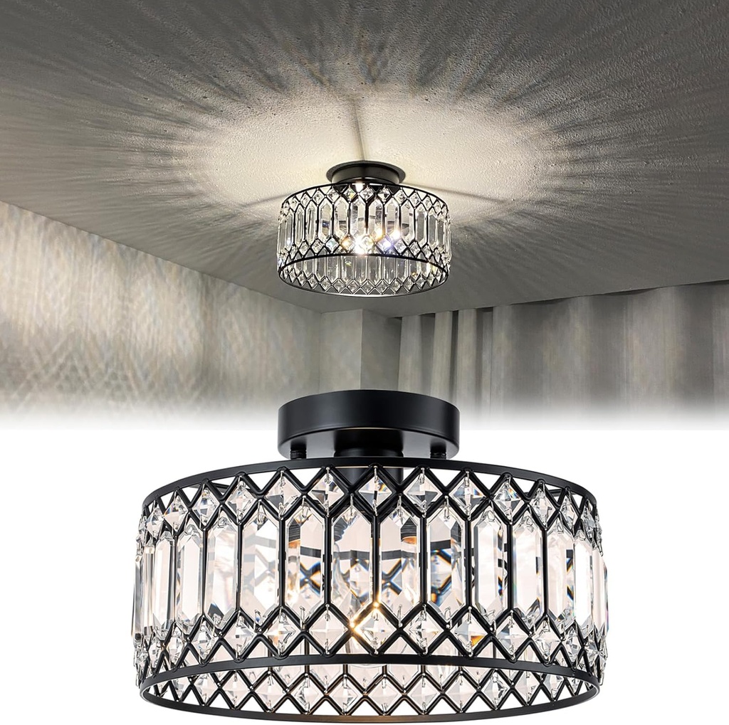 2025 New Semi Flush Mount Chandelier, 11.4" Black Hallway Light Fixtures K9 Crystal Kitchen Lighting Fixtures Ceiling Light Fixture Small Chandeliers for Dining Room Bathroom Bedroom Entryway Foyer