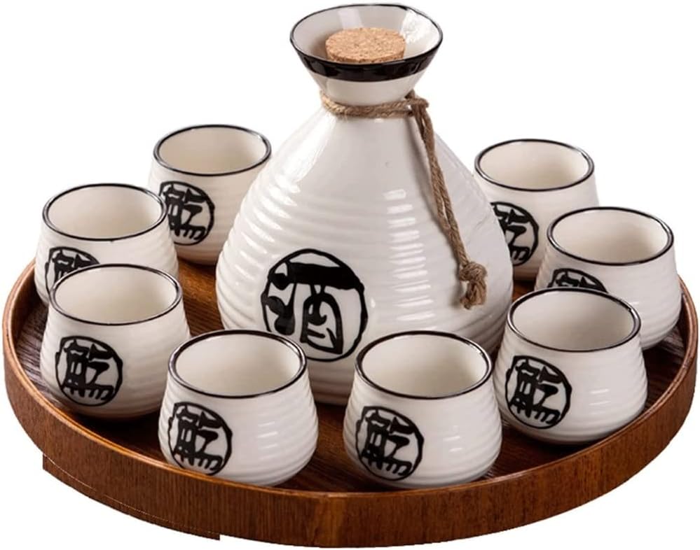 Japanese Ceramic Sake Set ~ 9 Piece Sake Set (Included 1 bottle and 8 cups) Patterns Sake Wine Service