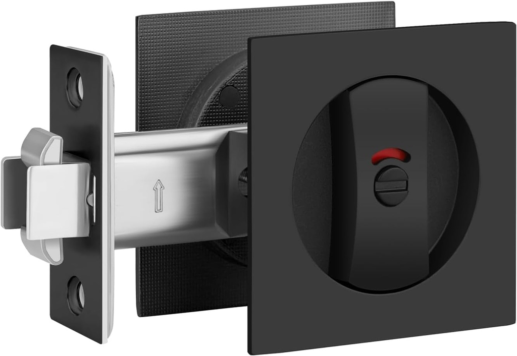 1 Pack Pocket Door Hardware with Red-Green Indicator, Black Privacy Pocket Door Handles, Keyless Pocket Door Lock for Bathroom, Flush Sliding/Bifold Door Hardware, Heavy Duty Square Door Lock