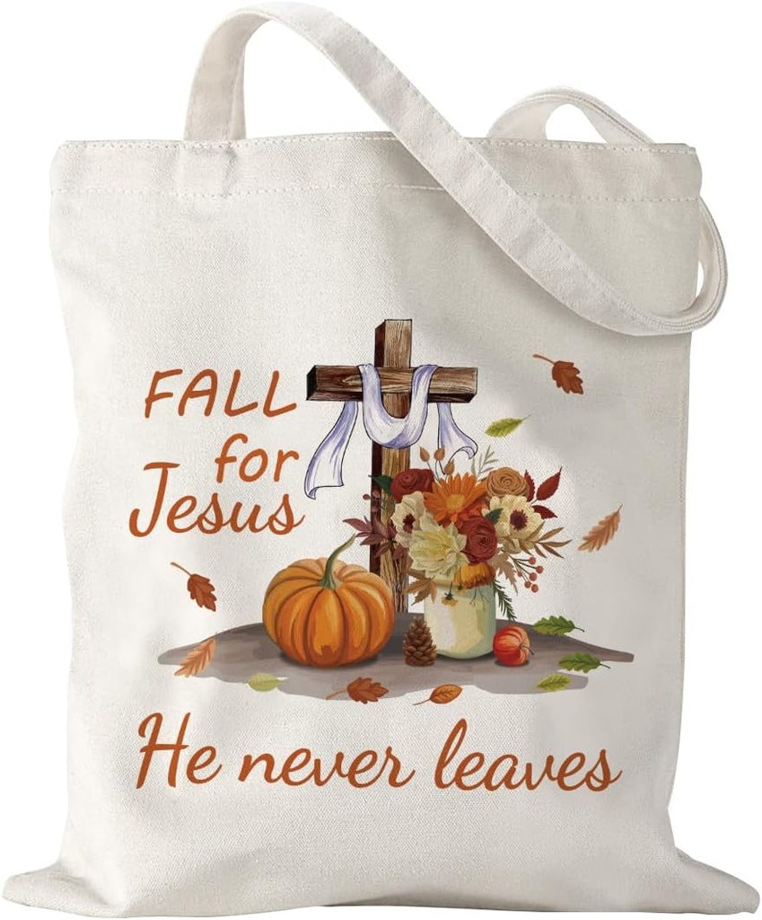 Fall Canvas Tote Bags Christian Gifts for Women Cross Pumpkins Jesus Canvas Bag Reusable Cotton Handbag Grocery Bag for Autumn Work Travel Shopping Market