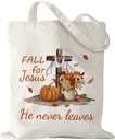 Fall Canvas Tote Bags Christian Gifts for Women Cross Pumpkins Jesus Canvas Bag Reusable Cotton Handbag Grocery Bag for Autumn Work Travel Shopping Market