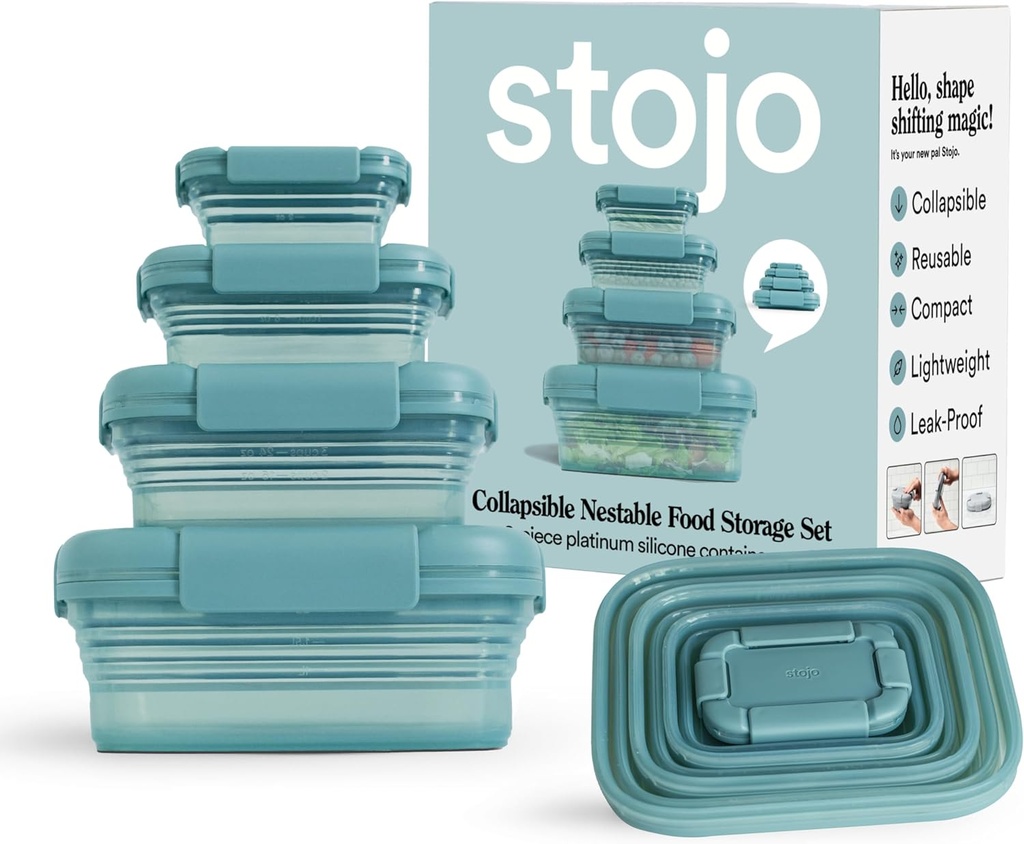 Stojo Nestable Collapsible Food Storage Container -Set of 4, Eucalyptus- Leak-Proof Airtight Seal Made With Food Grade Silicone For Meal Prep, Lunch Box, Pantry Organizer - Microwave & Dishwasher Safe