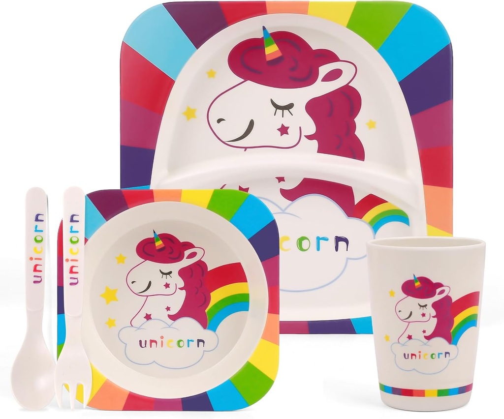 Kids Dinnerware Set, 5-Pieces Includes Divided Plate Bowl Cup Fork Spoon Utensils, BPA Free Bamboo Fiber Material Perfect for Girls (Unicorn)