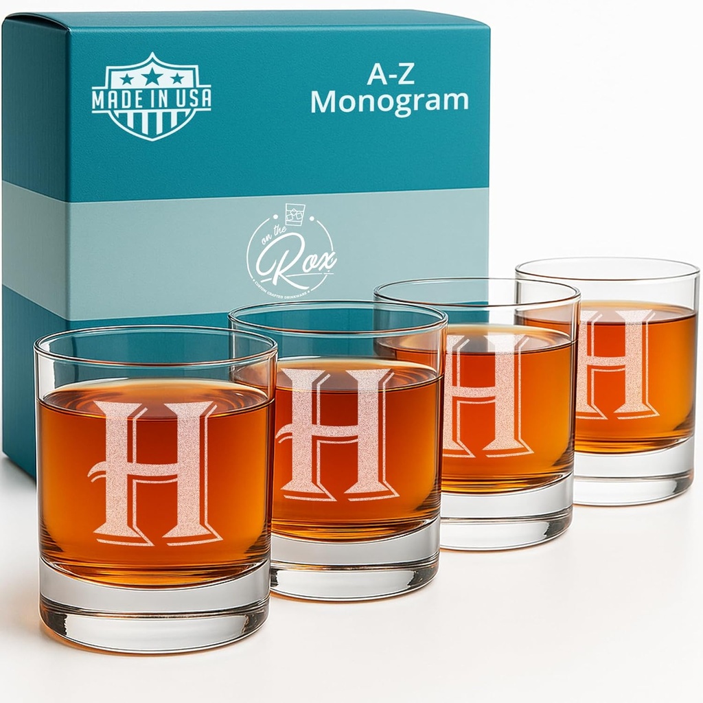 On The Rox Drinks [H-Monogram] - 4 Piece Set of 11 Ounce Engraved Heavy Base Rocks Whiskey Bourbon Glasses Elegant Glass-Multi-Purpose Beverage-Rocks Glass- Ideal Gift for any Occasion