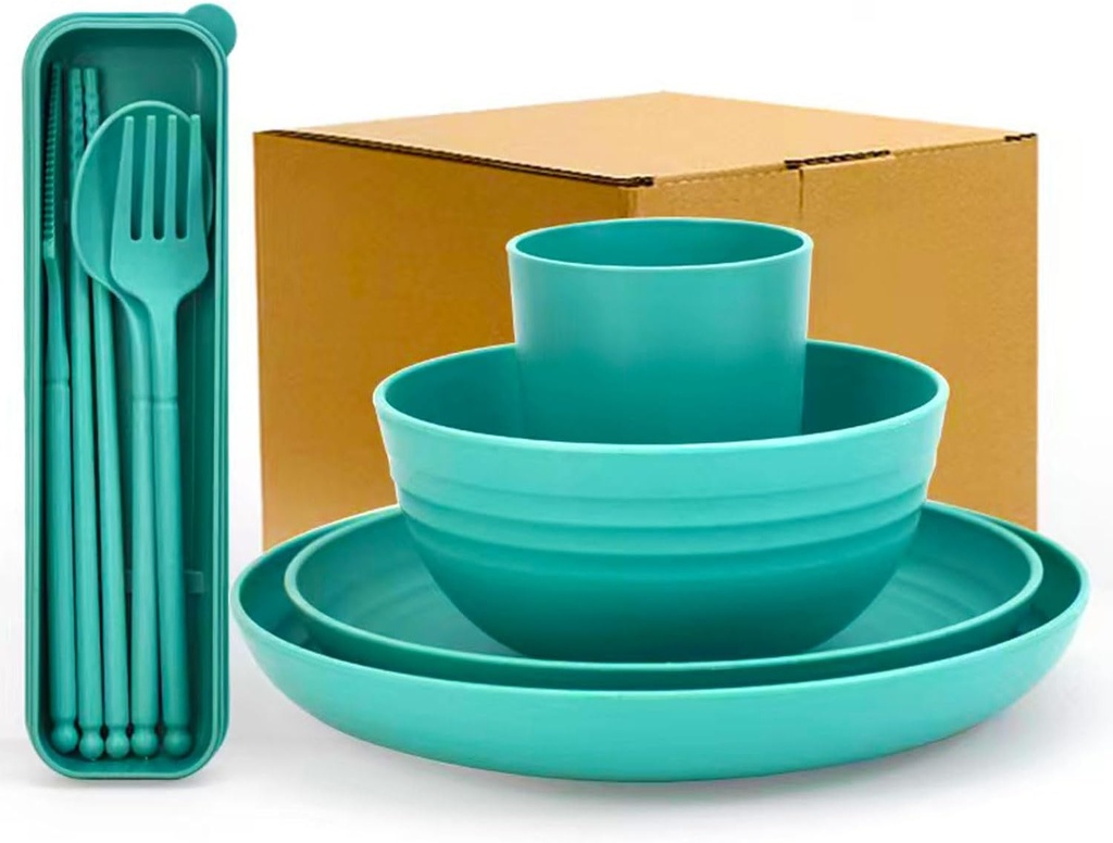 4pcs Unbreakable Wheat Straw Dinnerware Sets with Cutlery Set, Reusable Lightweight Green Microwave Dishwasher Safe Tableware for Travel，Camping，Kitchen,RV,Apartment,Dorm,Party