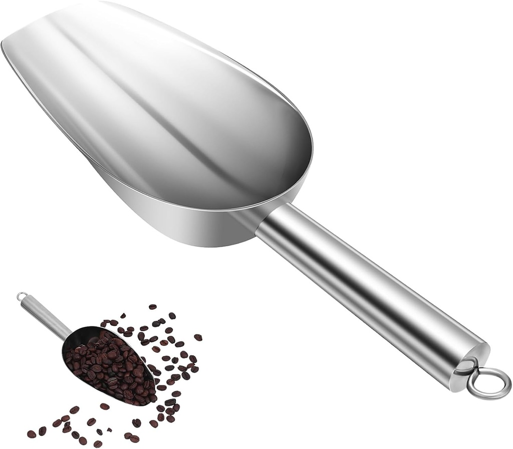 VICASKY Stainless Steel Ice Scoop with Ergonomic Handle Ice Cube and Grain Scoop for Baking Pet Food and Serving Easy Storage with Hanging Loop Mirror Finish
