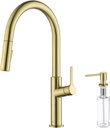 KIBI Fusion Single Handle Pull Down Kitchen Faucet with Soap Dispenser | Solid Brass High Arc Spout | 360° Swivel Kitchen & Bar Sink Faucet with Dual-Function Sprayer (Brushed Gold, KKF2018)