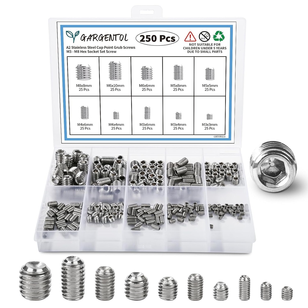 Set Screw Assortment Kit (250 Pcs) - Metric Sizes M3, M4, M5, M6, M8-304 Stainless Steel Cupped & Hex Head Cap Point Grub Screws - Perfect for Door Knobs, Home Repair, Furniture, and More!