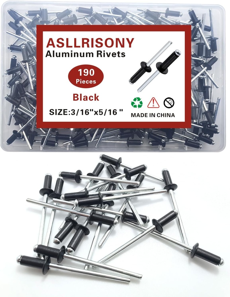 190pcs Black 3/16-5/16 Inches Aluminum Blind Rivets, 4.8-8 mm Pop Rivets, Aluminum Grip and Steel Mandrel