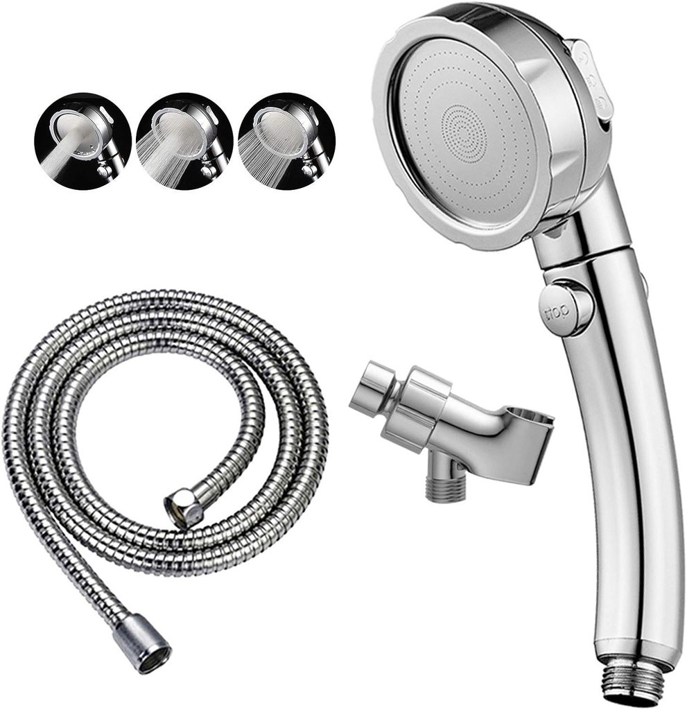 KAIYING Chrome High Pressure Handheld Shower Head with ON/OFF Pause Switch, 3 Spray Modes Shower Wand with Shut Off Button, Removable Camper Shower Head with Hose and Adjustable Angle Bracket