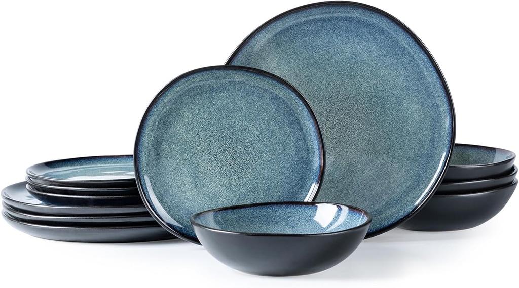 AmorArc Ceramic Dinnerware Sets,Handmade Reactive Glaze Stoneware Plates and Bowls Set,Highly Chip and Crack Resistant | Dishwasher & Microwave Safe Dishes Set,Service for 4 (12pc)