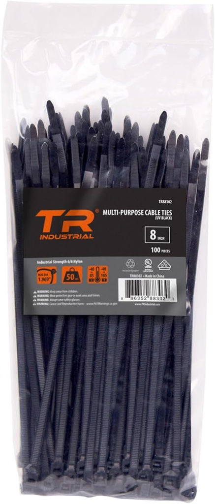 TR Industrial Multi-Purpose UV Resistant Black Cable Ties, 8 inches, 100 Pack