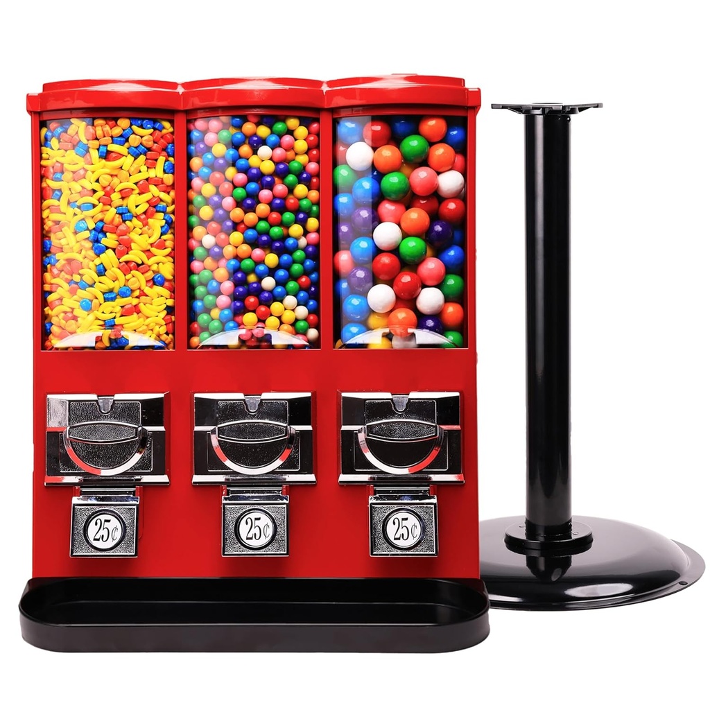 Vending Machine - Commercial Gumball and Candy Machine with Stand - Triple Vending Machine with Removable Canisters - Coin Operated Candy Dispenser and Gumball Machine - Vending Dispenser - Red