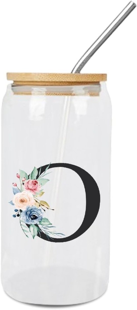 Glass Cups with Bamboo Lids And Straw 16 Oz, Floral Alphabet Monogram Initial Letter O Iced Tea Glasses Drinking Glasses Set Tumbler Glass Can Coffee Cups, Drinking Glassware