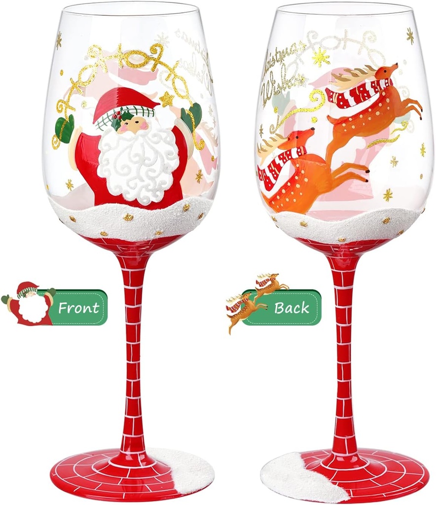 NymphFable Hand Painted Wine Glass 15oz Santa Claus Christmas Elk Deer Snowflake Xmas Christmas Gift for Family Friend（1 piece）