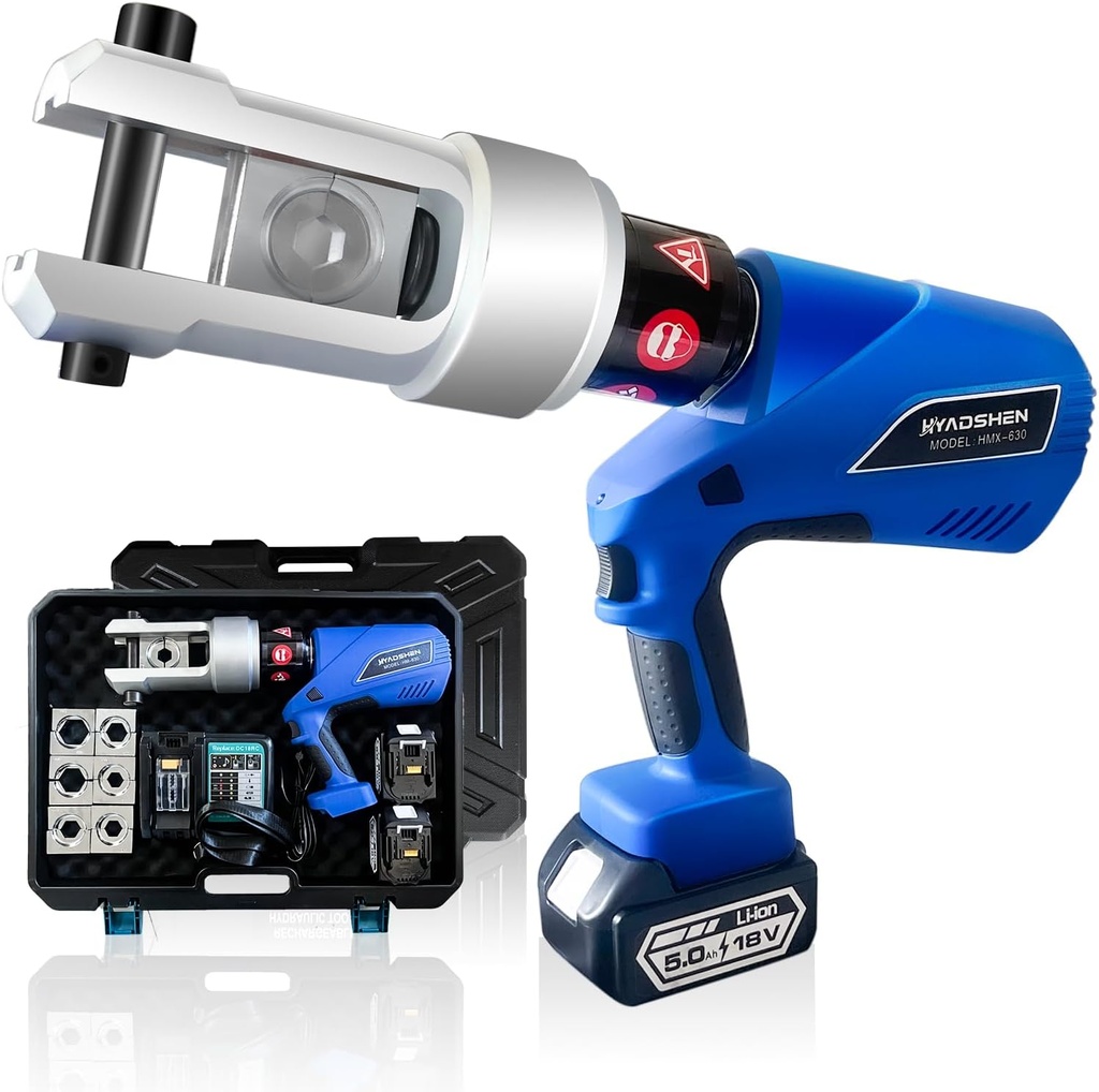 Electric Hydraulic Cable Lug Crimper Pliers Rechargeable Crimping Tool 20 Ton Electrical Terminal Cable Wire Fiber Crimper Kit with 7 Dies (HMX-630)