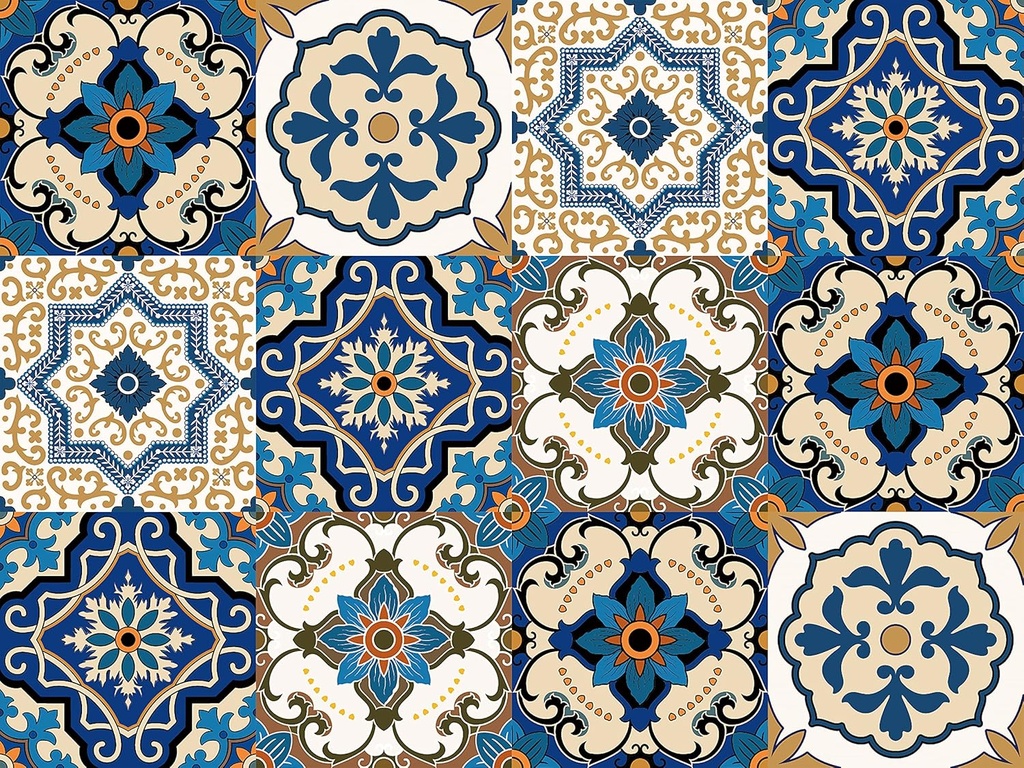 Kakofaci Bohemian Style 12 Pcs (6x6 in) Decorative Tile Stickers,Peel and Stick Wallcovering Self-Adhesive Waterproof Vinyl Tile Stickers for Kitchen Living Room Floor（Blue）
