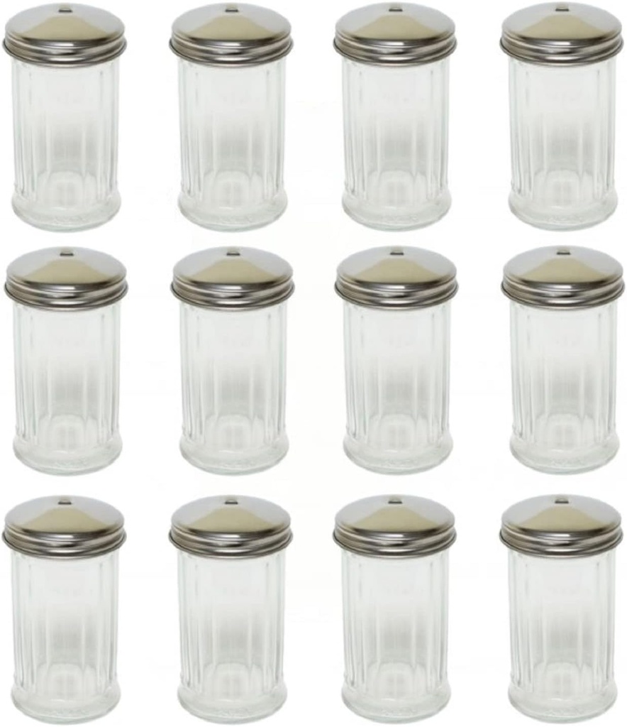 TrueCraftware- 12 oz. Sugar Cheese Shaker Pourer with Stainless Steel Single Hole Cap Set of 12- Paneled design Sugar Cinnamon Sugar Pepper Powder Cocoa Shaker for Kitchen and Restaurants