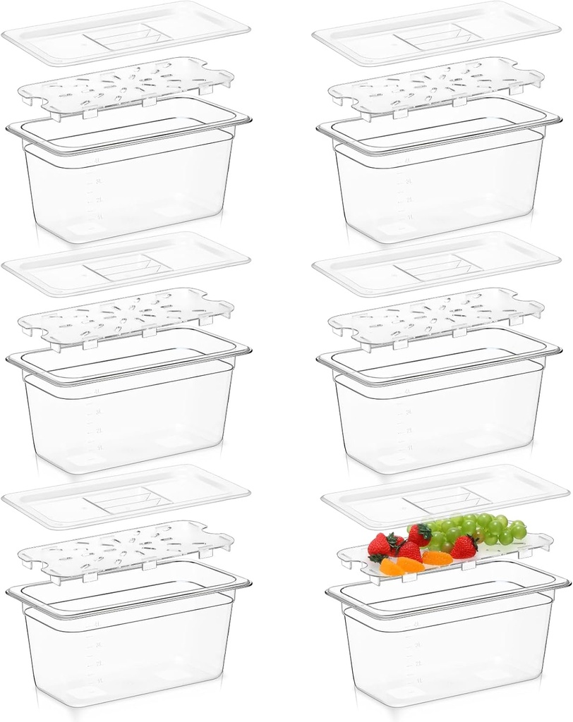 Sunnyray 6 Set 1/3 Size Polycarbonate Food Pans with Lids and Drain Shelf Clear Square Food Storage Containers for Kitchen Restaurant Fruit Vegetable Food Container and Storage (6 Inch Deep)