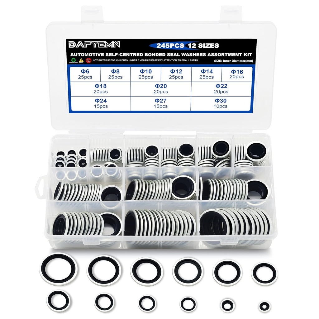 245PCS Bonded Sealing Washers, NBR Metric Zinc-Plated Steel Self-Centred Sealing Rubber Washers, Automotive Seal Gasket Crush O-Ring Assortment Kit Set, Includes Sizes of M6-M30