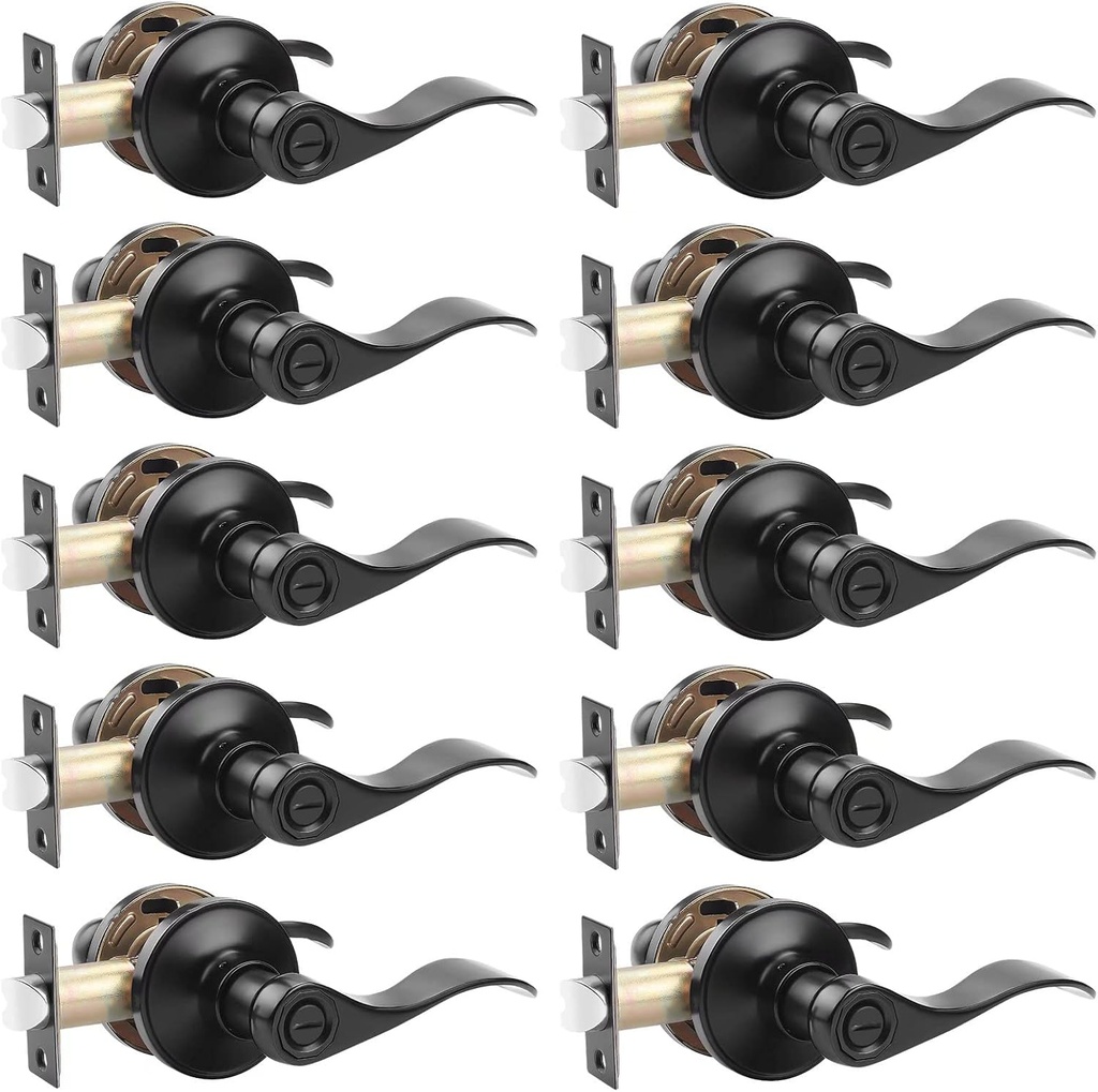 Probrico (10 Pack Privacy Door Lever,Locking Black Door Handle Set for Bathroom & Bedroom Doors,Keyless Interior Door Handle Black Finish Wave Door Lock, Reversible Right & Left Side Handed