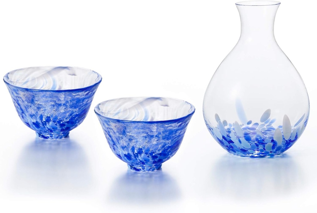 Tsugaru Biidoro, Handcrafted Glass Sake Set, 2 Cups and 1 Tokkuri Carafe, Blue