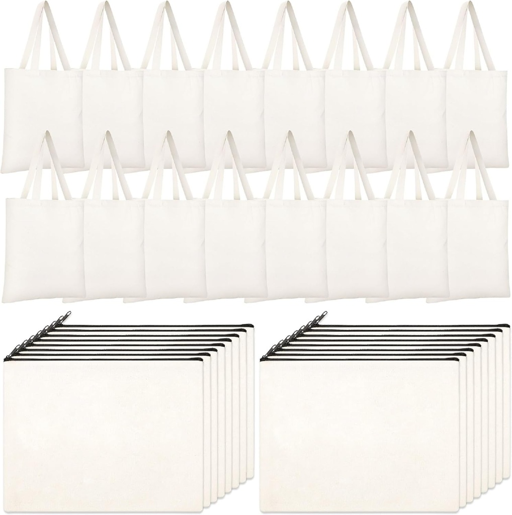 Silkfly 32 Pcs DIY Canvas Tote Bags Inner Pocket Reusable Bags Bulk Cosmetic Zipper Makeup Pouch for Gift(Beige)
