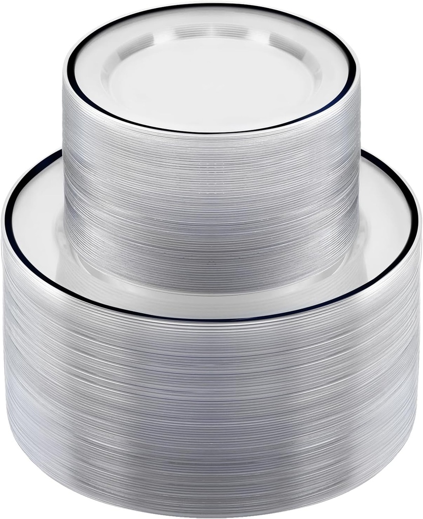 BESTSTAR 200PCS Black and Clear Plastic Plate, Black Disposable Plate Set with 100 Dinner Halloween Plates and 100 Dessert Plates for Party