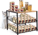 Bamboo & Iron Cat Food Organizer, 2-Tier Can Storage Rack for Pantry, Holds 48 (3oz) Cans, Automatic Slide-Down Design, Flat Top for Extra Storage, Perfect for Wet Cat Food Cans, Stackable & Durable