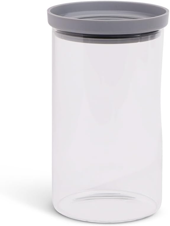 Core Home & Kitchen Pewter Silver Tone Grey Storage Jar with Rubber Lid Tall 33.8 ounce Glass Cannister For Herbs, Spices, Q-Tips, Cotton Balls Kitchen Or Bathroom Essentials