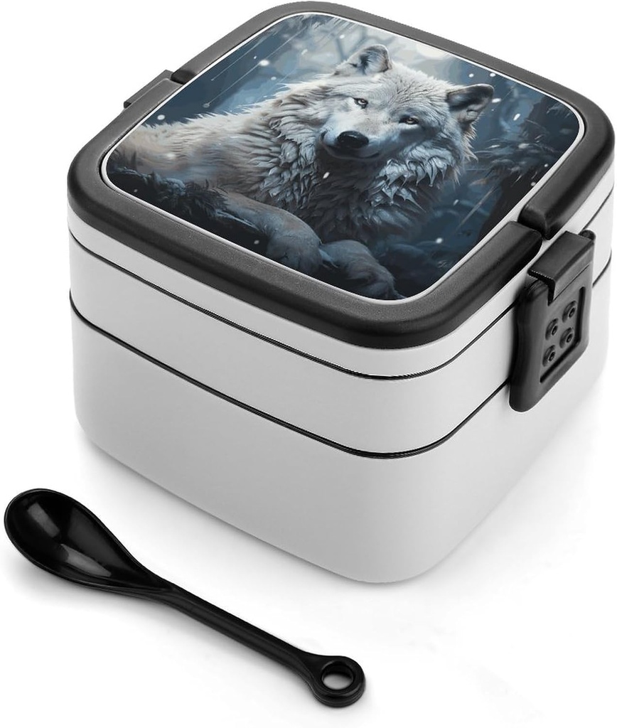 Wolf Sitting in The Snow Bento Box with Compartments Double Layer Bento Lunch Box with Spoon And Handle All-in-One Adult Lunchbox Leakproof Lunch Container for Work Picnic Travel