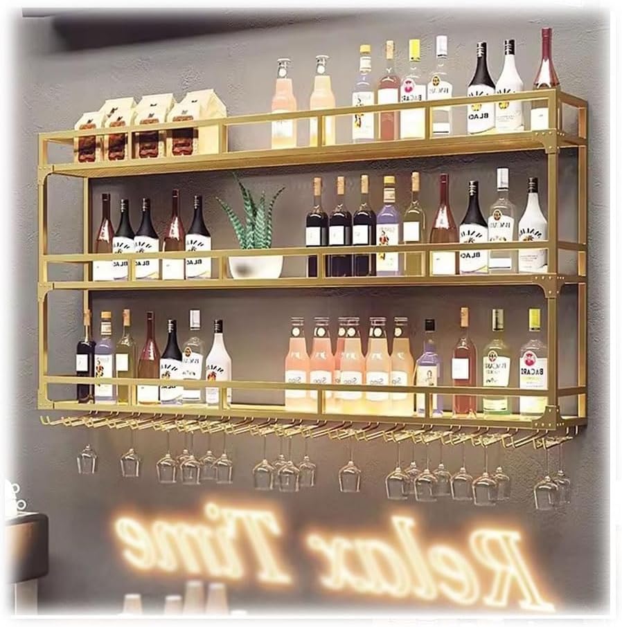 Wine Rack Wall-Mounted Hanging Wine Glass Holder Unit Floating Shelves Wine Bottle Storage Bar with Led,Bar Shelves for Home,Kitchen,Pantry,Wine Cellar,Gold,80x25x90cm