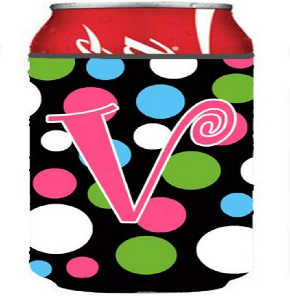 Caroline's Treasures CJ1038-VCC Letter V Initial Monogram - Polkadots and Pink Can or Bottle Hugger Cooler Washable Drink Sleeve Collapsible Beverage Insulated Holder, Can Hugger, Multicolor