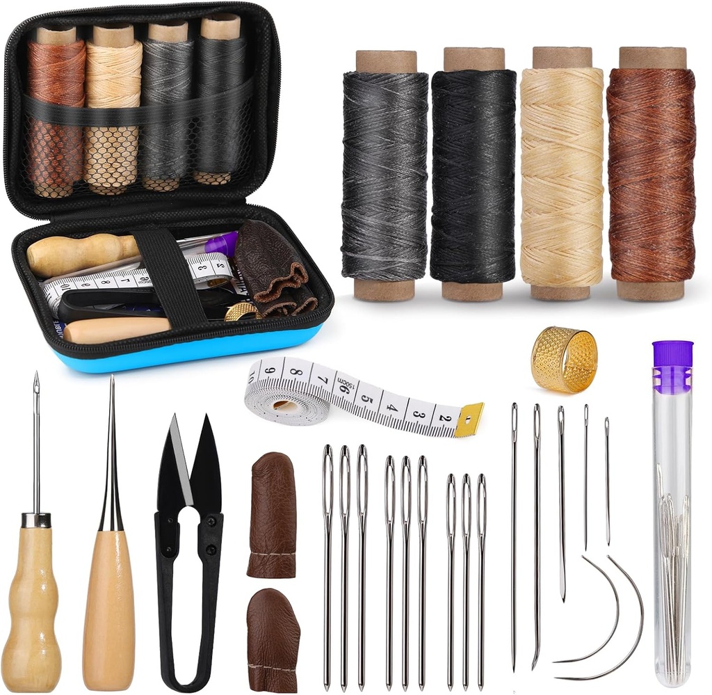 MORFEN Leather Sewing Kit, Leather Stitching Kit with Sewing Awl, Needles, Waxed Thread, Upholstery Repair Kit, Heavy Duty Sewing Tools for Hand Stitching Car Seats, Sofa, Carpets, Shoes, DIY Craft