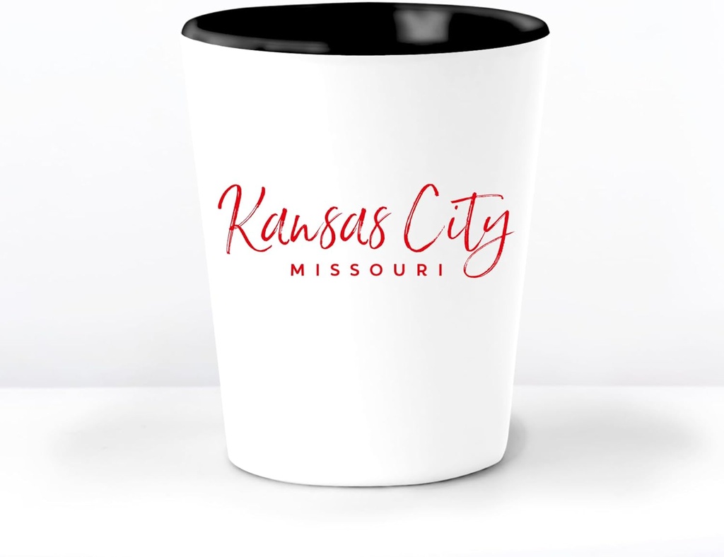 Kansas City MO Ceramic 1.5 Ounce Souvenir Shot Glass - White With Black Interior - Bachelor & Bachelorette Party Favors - Bridesmaid & Groomsmen Present - Missouri Home Town Decoration