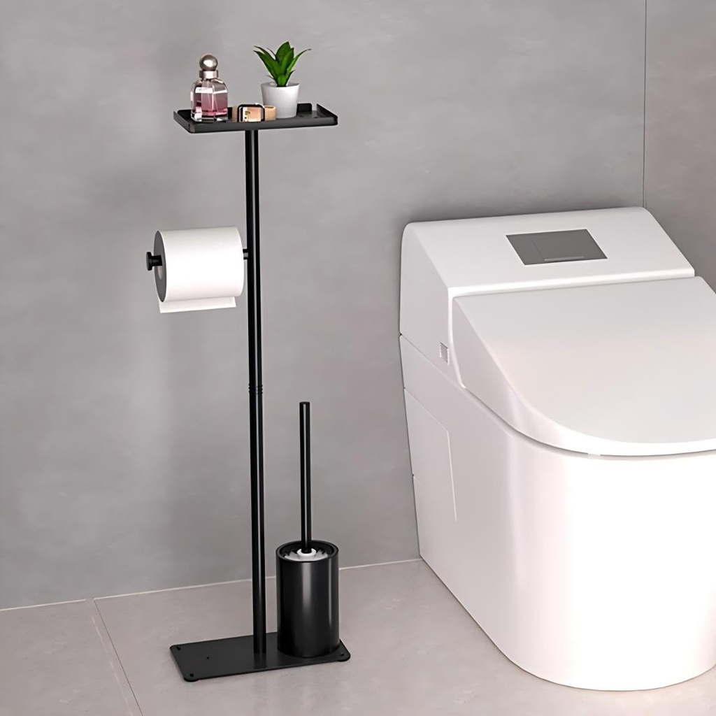 Modern Free Standing Toilet Paper Holder, Black Metal Storage Stand with Shelf, Detachable Brush Holder, Bathroom Tissue Roll Organizer
