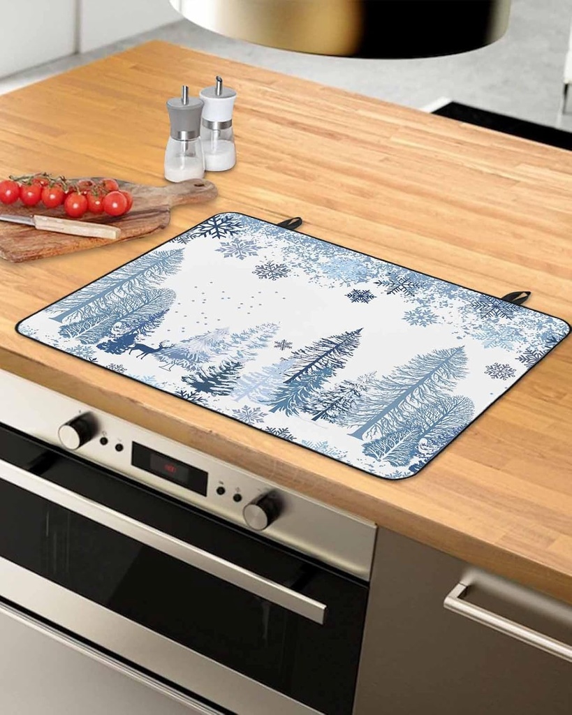 Winter Countertop Burners Protection Mats for Kitchen, Deer Christmas Snowflakes Trees Blue Rubber Stove Top Cover Mat, Heat Proof Mats Cooktop Cover for Counter Dish Drying Mat, 28.5"x20.5"