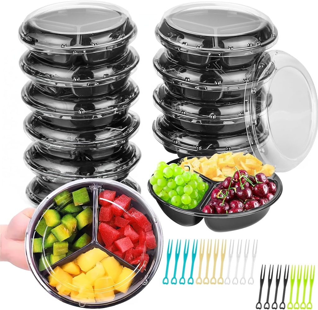 12 Pack Plastic Appetizer Tray with Lid, Divided Serving Tray Snackle Box 20 Fruit Forks, Large Size Plastic Party Platters Snack Container for Party, Fruit, Nuts, Candy, Entertaining, Picnic