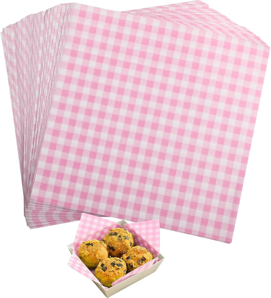 Waxed Deli Paper Sheets 7 * 7 Inch, 100 Pcs Food Basket Liners for Sandwiches, Burgers, Checkered Deli Wrap Wax Paper Sheets Pink