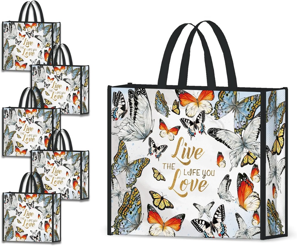 NymphFable 5 Pack Reusable Shopping Bags Colorful Butterflies Washable Grocery Bags Fabric Tote Bag